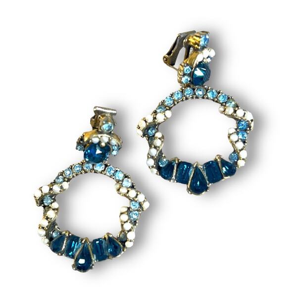 HOLLY CRAFT Signed 1953 Rhinestone Blue & White  Faux Jewel Clip Earrings - Picture 1 of 10